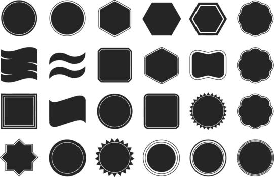 set of black geometric shapes, frames, banner, and labels with thin white outlines. vector