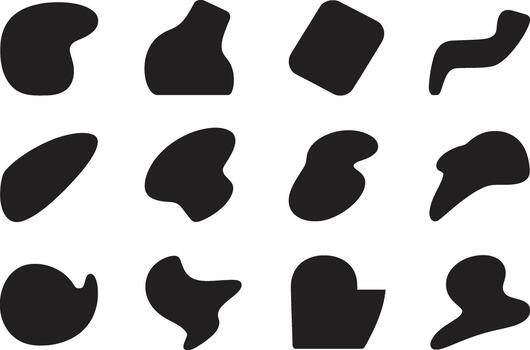 Varied black abstract organic blob shapes, irregular fluid forms, and minimalist design vector