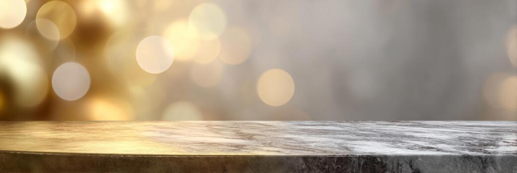 Marble tabletop with gold accents in front of a soft blurred background of bokeh lights photo