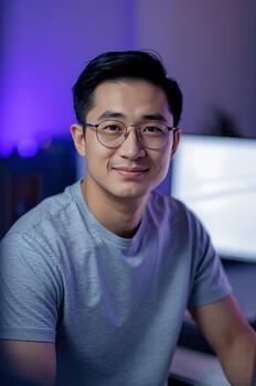 Professional portrait of an Asian man in a modern workspace during evening hours photo