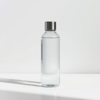 Clear reusable water bottle for hydration on clean surface in bright light photo