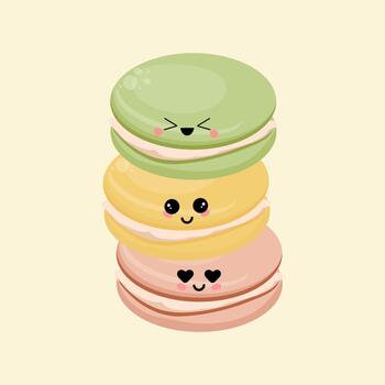 Cute stack of colorful macarons with kawaii faces on a soft pastel background, sweet cartoon dessert characters arranged in a vertical tower. vector