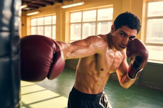 Fit hispanic man practicing boxing technique in a gym during daytime photo