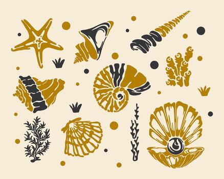 Nautical marine life pattern scallop shell reef background layout textile print art editable vector