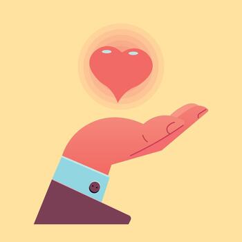 Flat style illustration of an open hand supporting a floating heart icon, symbolizing care, support, empathy, and giving, on a soft yellow background. vector