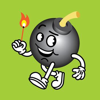 Playful cartoon illustration of a bomb character with a smiling face, arms, and legs, running while holding a lit match. Suitable for mascot design, comics, and humorous graphics. vector