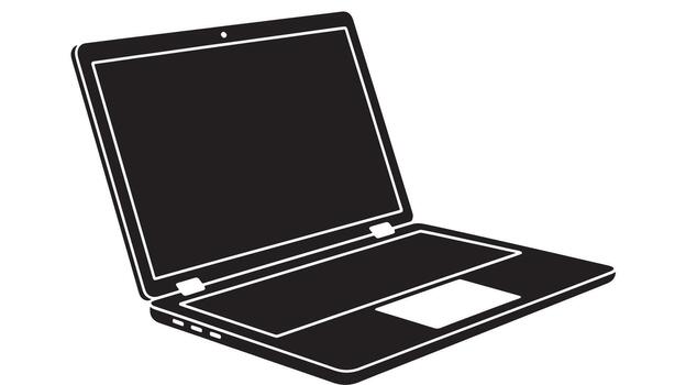 Open laptop computer silhouette with black screen and keyboard vector