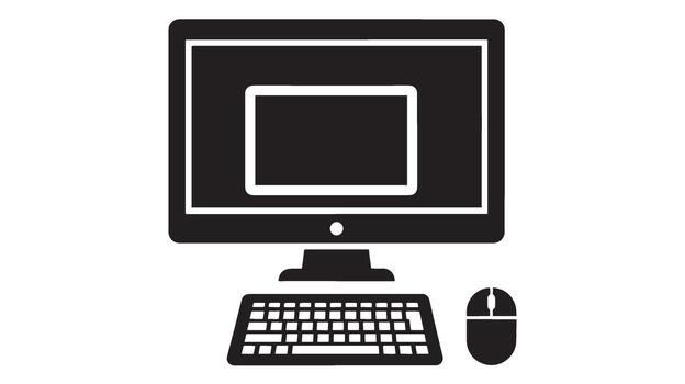Simple black and white icon of a computer monitor keyboard and mouse vector