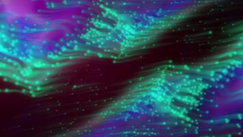 Vibrant abstract motion background featuring glowing green and blue particles flowing through dark purple and magenta energy currents, symbolizing digital data streams and technological networks video
