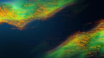 dynamisk digital ljus spår med vibrerande grön och orange partiklar strömmande tvärs över en mörk blå bakgrund, skapande ett energisk, vätska, och trogen abstrakt scen video