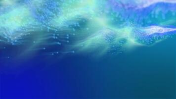 abstract blauw en groen digitaal Golf van vloeiende gegevens deeltjes en lichtgevend energie Aan een futuristische technologie achtergrond video