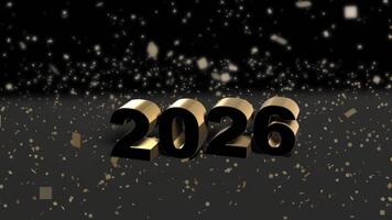 Lycklig ny år 2026 bakgrund med lysande gyllene text och pärlar på mörk bakgrund. video