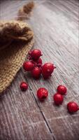 Vertical slow motion macro clip of red berries spilling from burlap as camera moves left on rustic wooden surface video