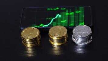 A smartphone displaying a bullish candlestick trading chart alongside Bitcoin, Ethereum, Litecoin stacks. Cryptocurrency analysis, forex trading, and financial investment strategies. video