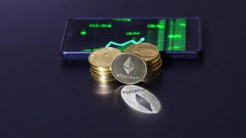 A smartphone displaying a bullish candlestick trading chart alongside Ethereum stacks. Cryptocurrency analysis, forex trading, and financial investment strategies. video
