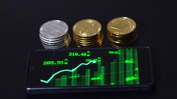 A smartphone displaying a bullish candlestick trading chart alongside Bitcoin, Ethereum, Litecoin stacks. Cryptocurrency analysis, forex trading, and financial investment strategies 1 video
