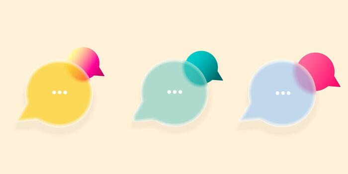 Minimalist composition of three chat bubbles in soft yellow, mint, and blue tones with bright accents, symbolizing communication, messaging, and modern visual interaction. vector