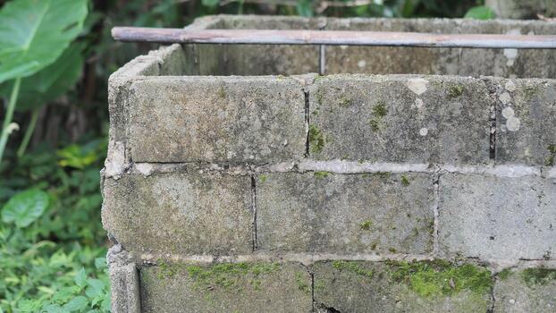 close-up view of the weathered rim of a structure made from rough concrete blocks, likely a well or cistern head, with moss and algae growing on the surface and surrounded by green foliage. photo