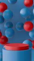 azul e vermelho colorida 3d pódio com flutuando esferas, mínimo desatado ciclo video