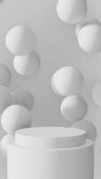 mínimo branco pódio desatado ciclo com flutuando esferas, limpar \ limpo 3d fundo video
