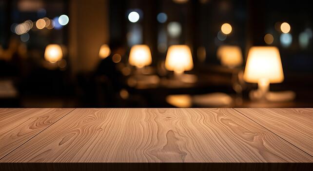 Wooden Table Top with Blurred Restaurant Background. photo