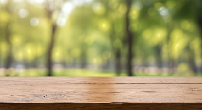 Wooden Tabletop with Blurred Green Park Background for Product Display. photo