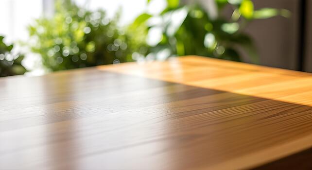 Sunlit Wooden Tabletop with Blurred Greenery Background - A Warm and Inviting Scene. photo