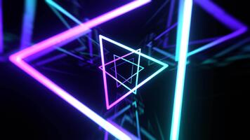 turkoois en Purper neon gloeiend abstract futuristische driehoek tunnel achtergrond vj lus in 4k video