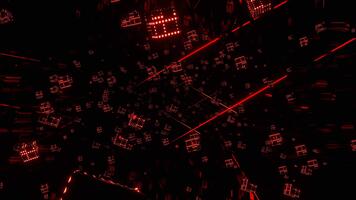 rood en oranje zwevend kubussen en neon lijnen in cyberspace achtergrond vj lus in 4k video