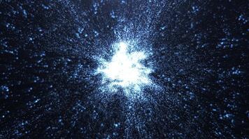 explosion av lysande blå partiklar formning en dynamisk brista i mörk Plats. trogen sci-fi animering perfekt för teknologi intro, kosmisk bilder, energi effekter, digital bakgrunder, och rörelse de video