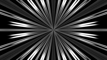 Dynamic black and white abstract motion background with radial light streaks converging to the center. Futuristic speed tunnel animation perfect for music videos, VJ loops, or sci-fi visuals. video