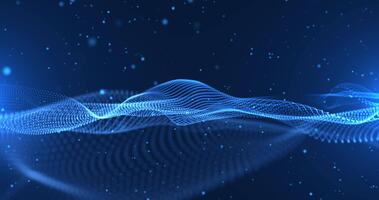 azul brillante ola de digital partículas formando un dinámica superficie en movimiento. futurista resumen antecedentes ideal para tecnología presentaciones, Ciencias efectos visuales, proyectos, música vídeos, y innovación video