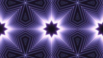 roxa néon caleidoscópio animação com brilhando geométrico Estrela padrões e simétrico movimento. futurista abstrato fundo perfeito para vj rotações, música vídeos, ou digital visual arte projetos. video
