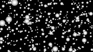 White 3D spheres of various sizes float and move in a black space, creating an abstract futuristic background. Dynamic motion, modern minimalistic design, suitable for science, technology or festive v video