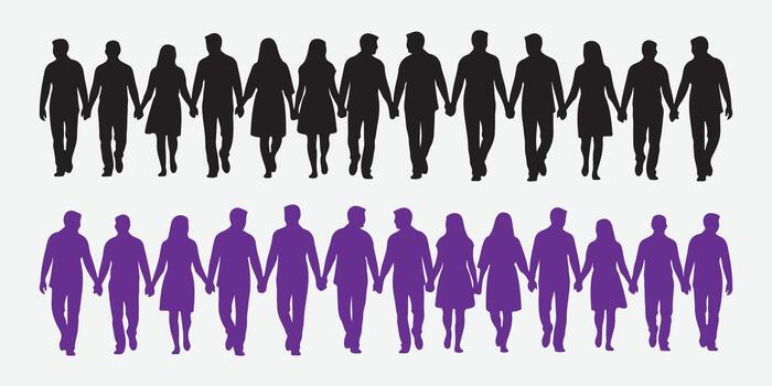 Diverse group of people holding hands walking in unity forward vector