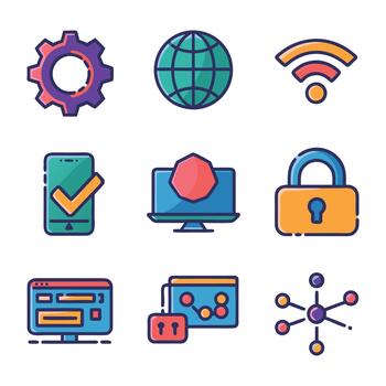 Tech and cybersecurity icons collection, featuring internet, security, and device connectivity symbols vector