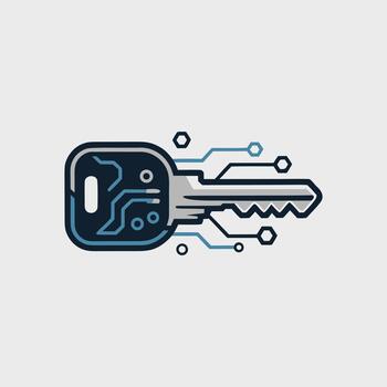 Cartoon digital key with circuit board design and hexagonal data nodes on white background vector