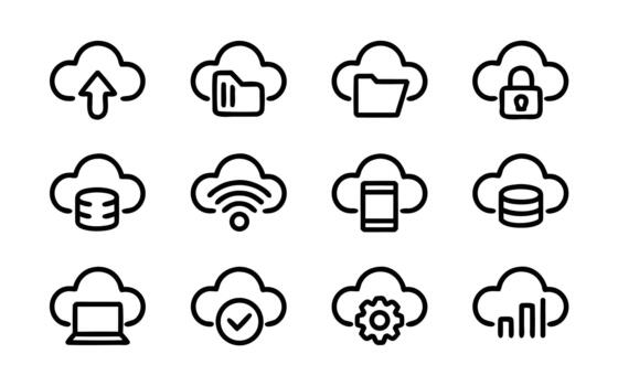 Cloud storage and technology icons, including file upload, security, data, and device connectivity symbols vector