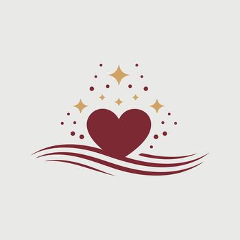 Stylized dark red heart with sparkles and flowing wave lines on light gray background vector
