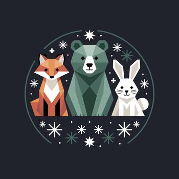 Geometric fox, bear, and rabbit in circular winter frame with stars and snowflakes on dark background vector