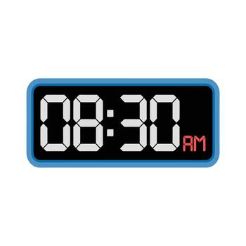 Digital clock with white digits, red AM label, and blue frame for morning routine design vector