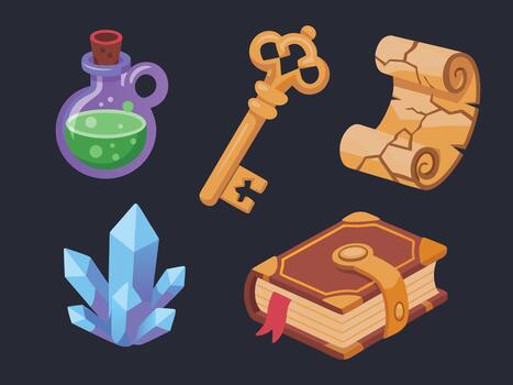 Fantasy item set with magic potion, golden key, ancient scroll, glowing crystals, and spellbook for game and adventure design vector