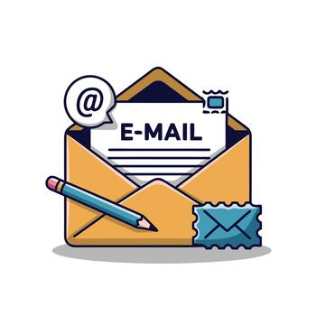 Yellow envelope with EMAIL paper, pencil, stamp, and speech bubble for digital messaging and communication design vector