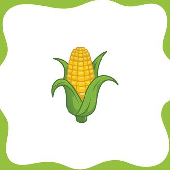 Cartoon corn cob with green husks and yellow kernels centered on white background with green wavy border vector
