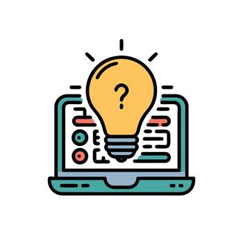 Laptop with glowing light bulb and question mark symbol for innovation, coding, and problem-solving design vector