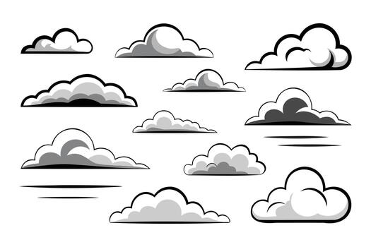 set of cloud icons with bold outlines, grayscale shading, and motion lines for weather and design themes vector