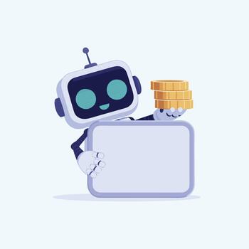 Cartoon robot holding gold coins and blank sign on light blue background for fintech and digital media design vector