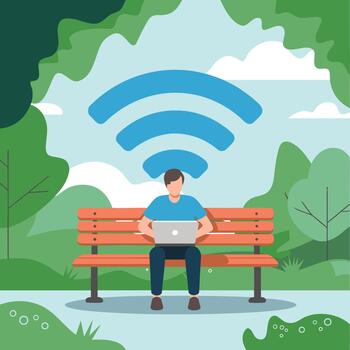 Cartoon person using laptop on park bench with Wi-Fi symbol and greenery under cloudy sky vector
