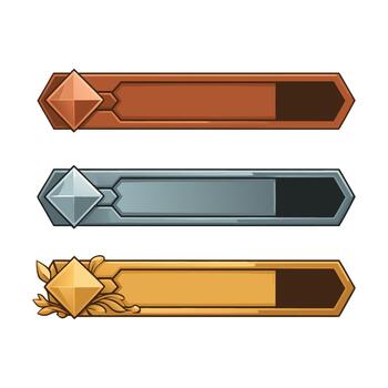 Stylized copper, silver, and gold progress bars with diamond icons for game UI, achievement levels, and status indicators in decorative cartoon-style design vector