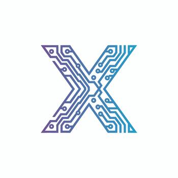 Stylized letter X with circuit board pattern in gradient purple to blue for tech branding, digital innovation, electronics design, and modern technology-themed illustration vector